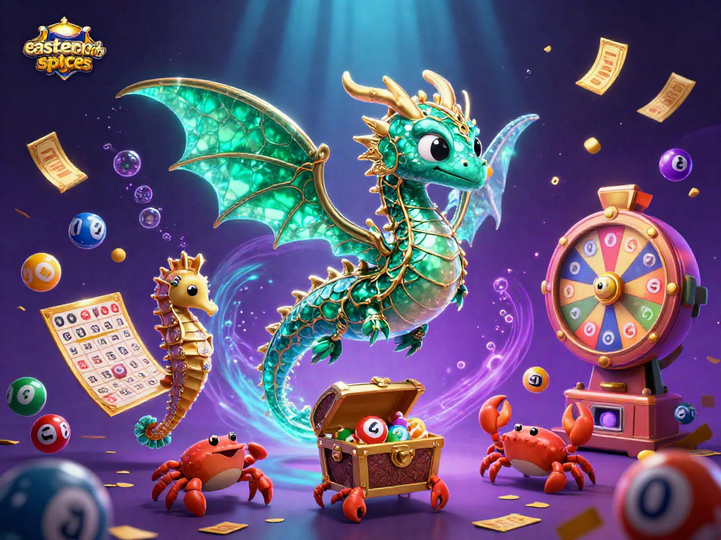 Win big with easternspices at the vibrant casino illustration featuring sea dragon and treasure chest!