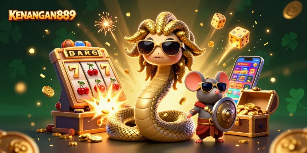 Spin the reels of KENANGAN889 with Medusa and a warrior mouse amidst an explosive jackpot scene.