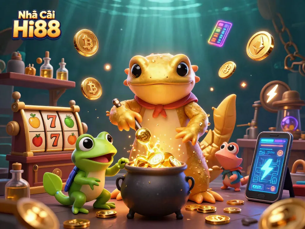 Engage with Nhà cái Hi88's thrilling slot games featuring a golden salamander and rich casino elements.