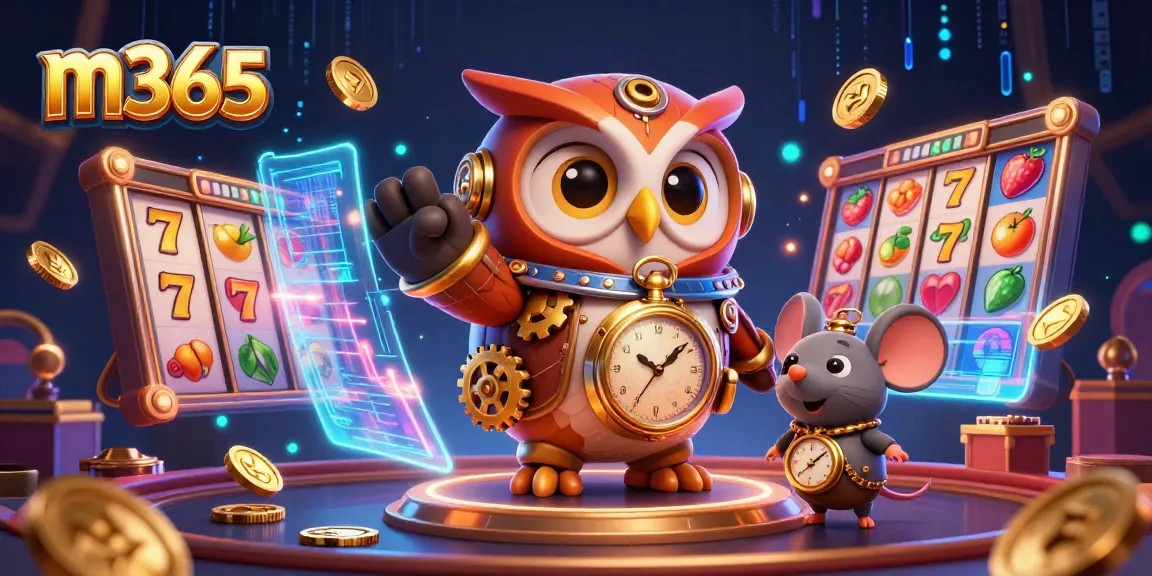 Experience thrilling m365 gameplay with a time-traveling owl and jackpot slots in a vivid casino setting.