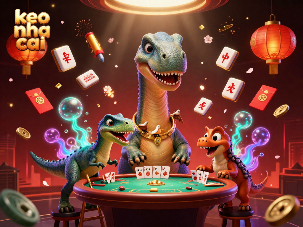 Engage in delightful gaming with keo nha cai, as a giant brontosaurus oversees a poker game.