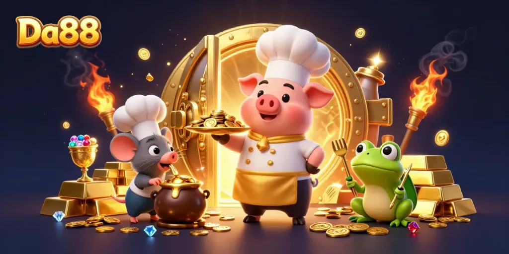Engage with Da88's thrilling spirit of gambling with a festive casino scene featuring cartoon characters.