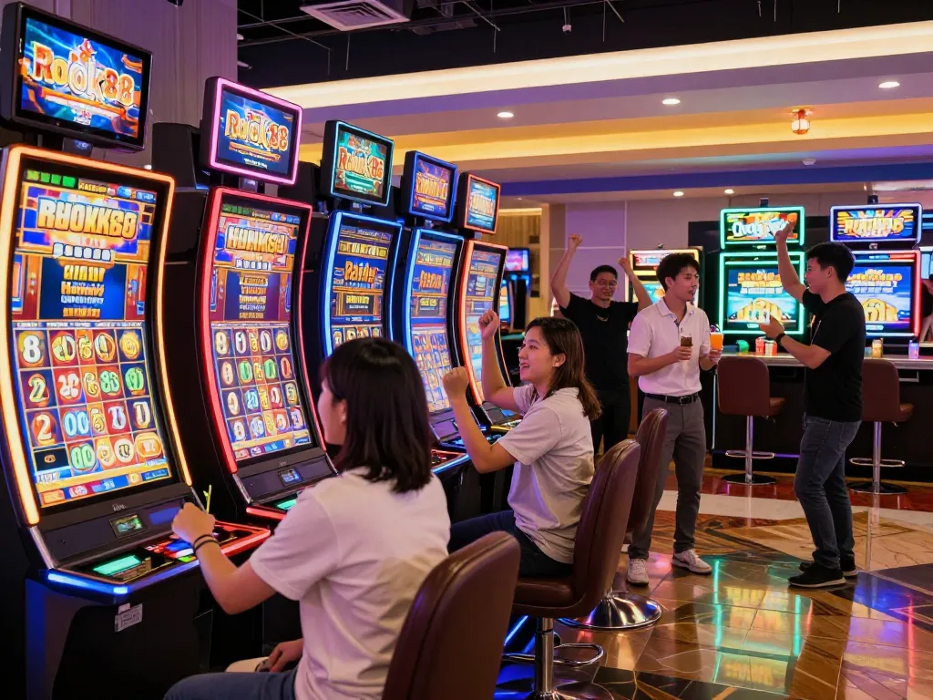Players rejoicing at rokok88 slot machines in vibrant casino atmosphere