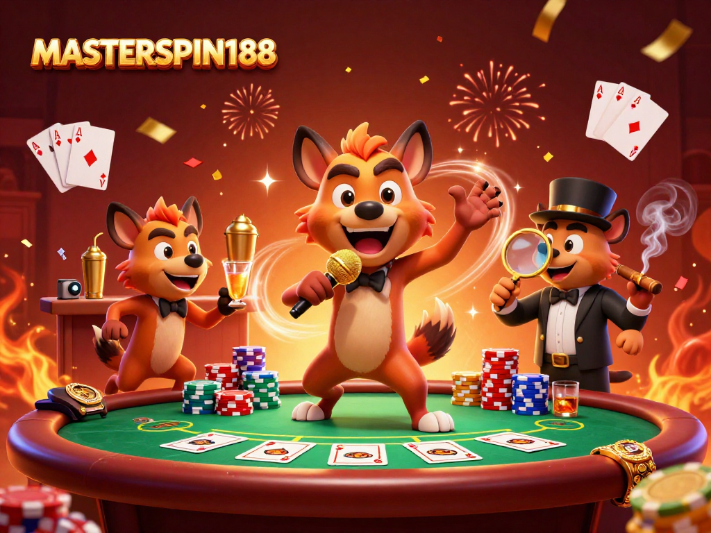 Experience thrilling action at MASTERSPIN188 with lively hyenas in a comedy casino scene.