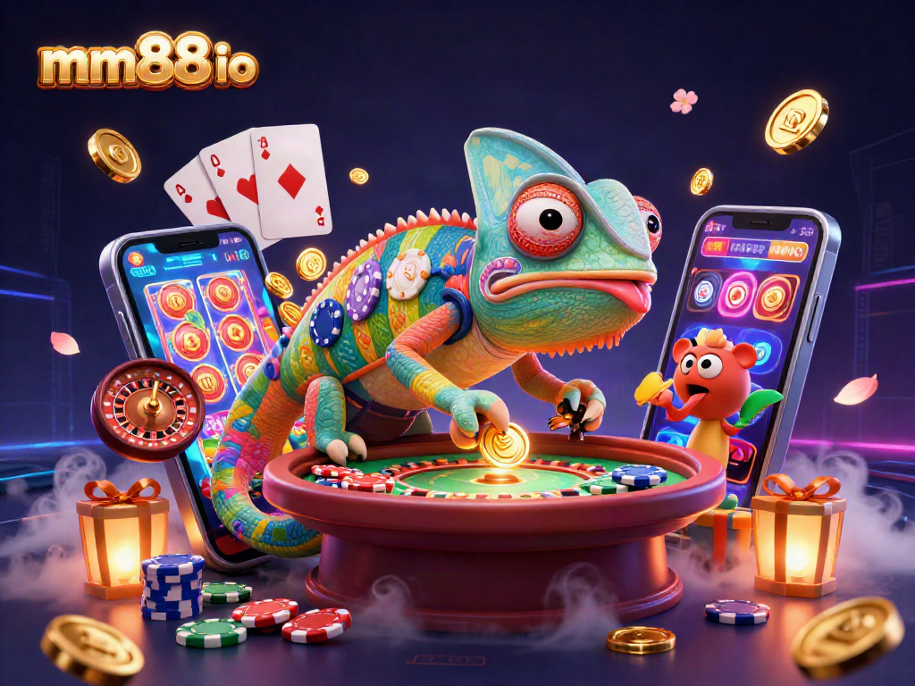 Engage with mm88 io's vibrant casino gaming scene featuring an animated chameleon and dynamic game elements.
