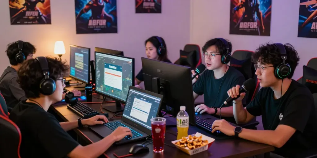 Engaging scene of friends playing games while exploring the rokok88 daftar registration on laptops in a vibrant gaming room.