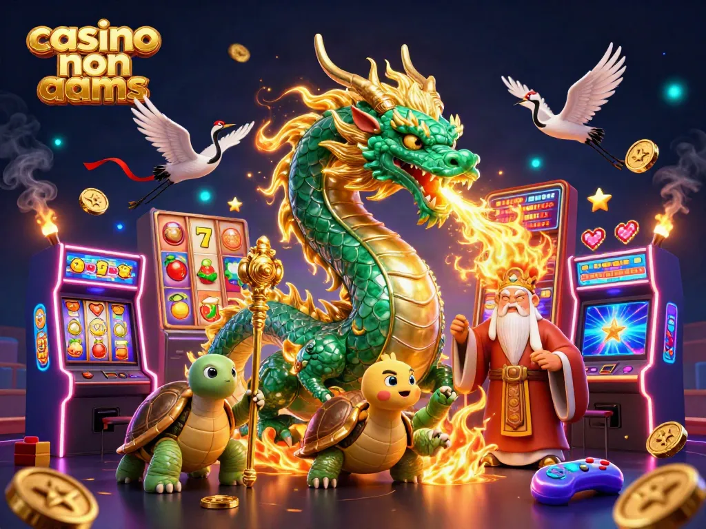 Giocare nei casino non AAMS con slot machine colorate e un drago di giada che sputa fuoco d'oro.