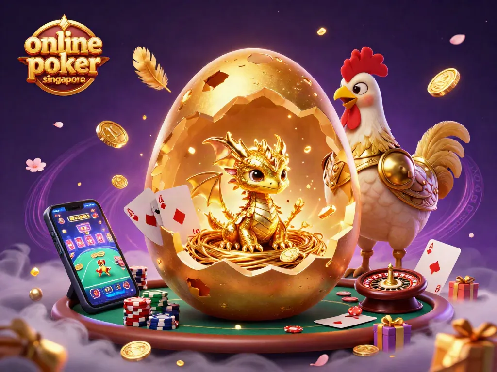 Experience thrilling online poker singapore with a golden dragon guarding poker chips and gaming elements.