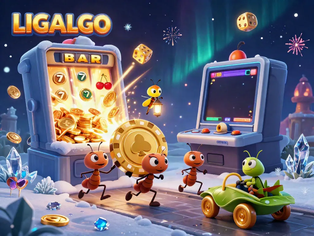 LIGALGO heist scene with ants carrying a giant poker chip amid a vibrant casino backdrop.