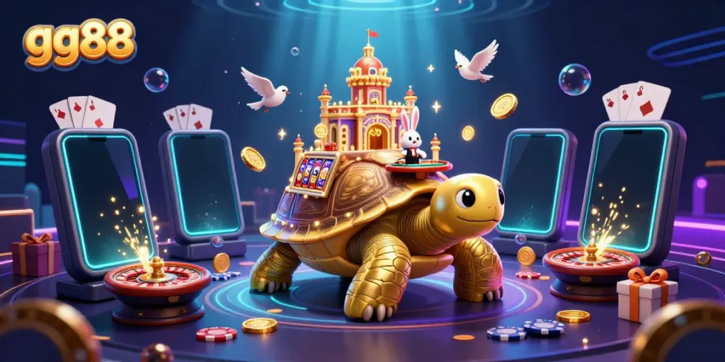 Experience the vibrant gg88 casino scene with a golden tortoise, rabbit dealer, and dynamic game elements.