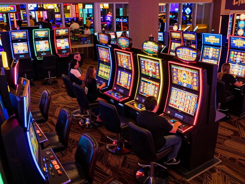 Engaging scene of players enjoying slot machines at Maine Coast Hemp casino, excitement visible after a big win.