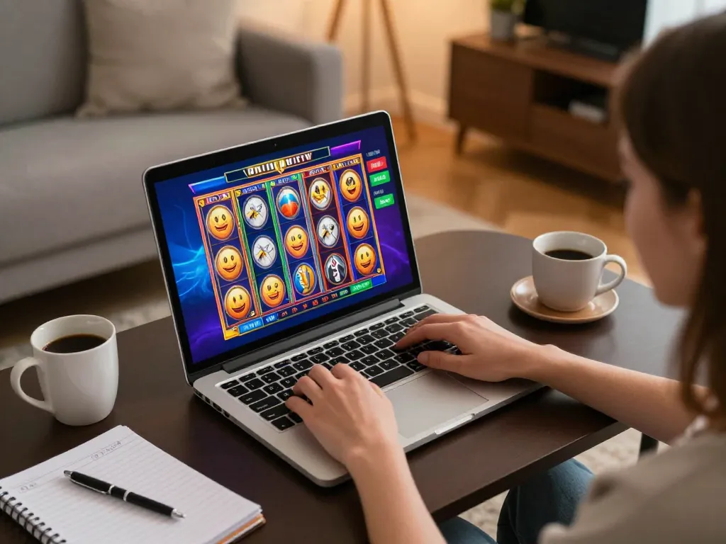 Player enjoying online slots at home with uu88bet app displayed on a laptop
