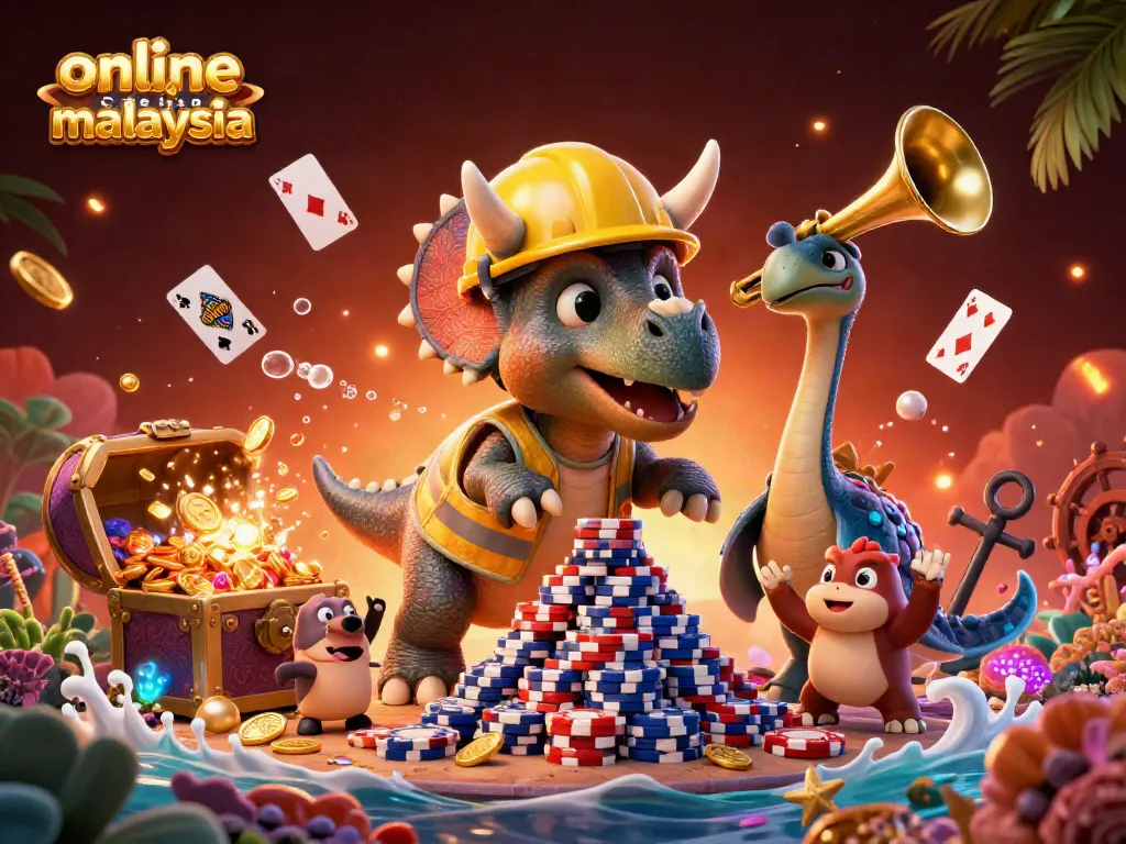 Win big with top online casino malaysia in a vibrant 3D casino illustration filled with exciting game elements.