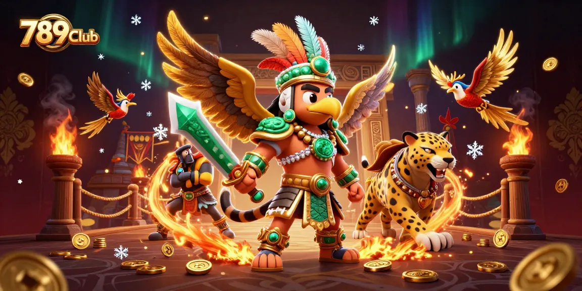 Experience thrilling gameplay at 789Club with vibrant 3D Aztec warriors and casino elements.