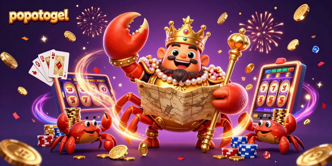 Experience the excitement of popotogel with a vibrant 3D illustration featuring a golden crab emperor and dynamic slot elements.