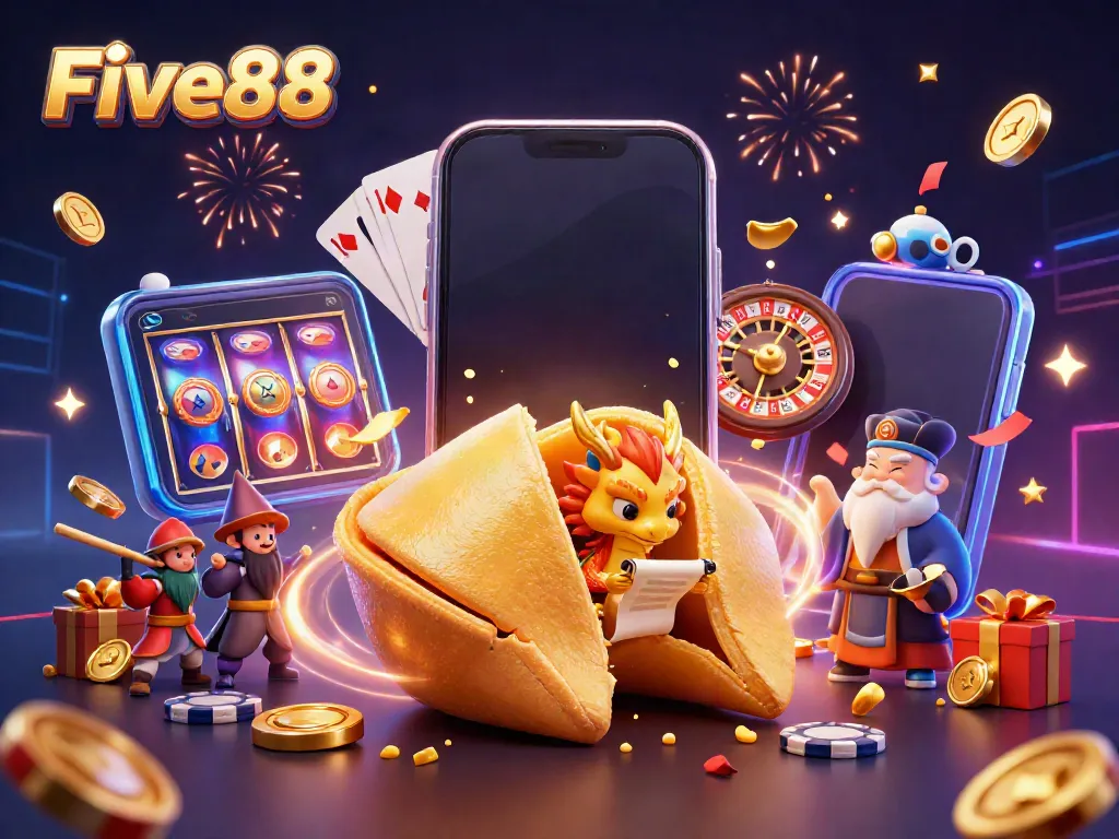 Experience excitement at Five88 with dynamic casino elements like fortune cookies and slot games.