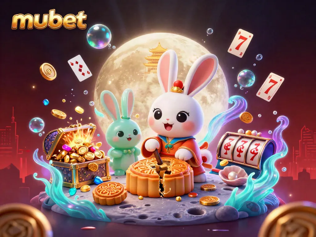 Experience the thrilling gameplay of mubet with a vibrant illustration of a moon rabbit and jade companion in a dynamic casino scene.