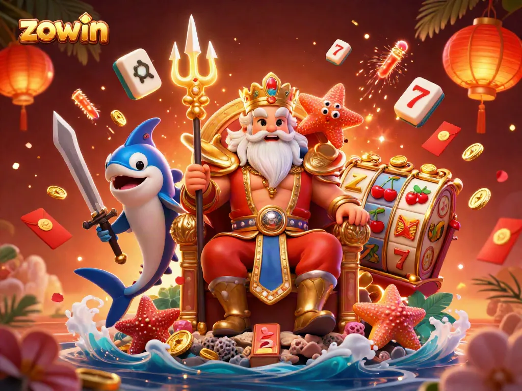 Win big with zowin in a vibrant casino scene featuring Neptune and exciting game elements.