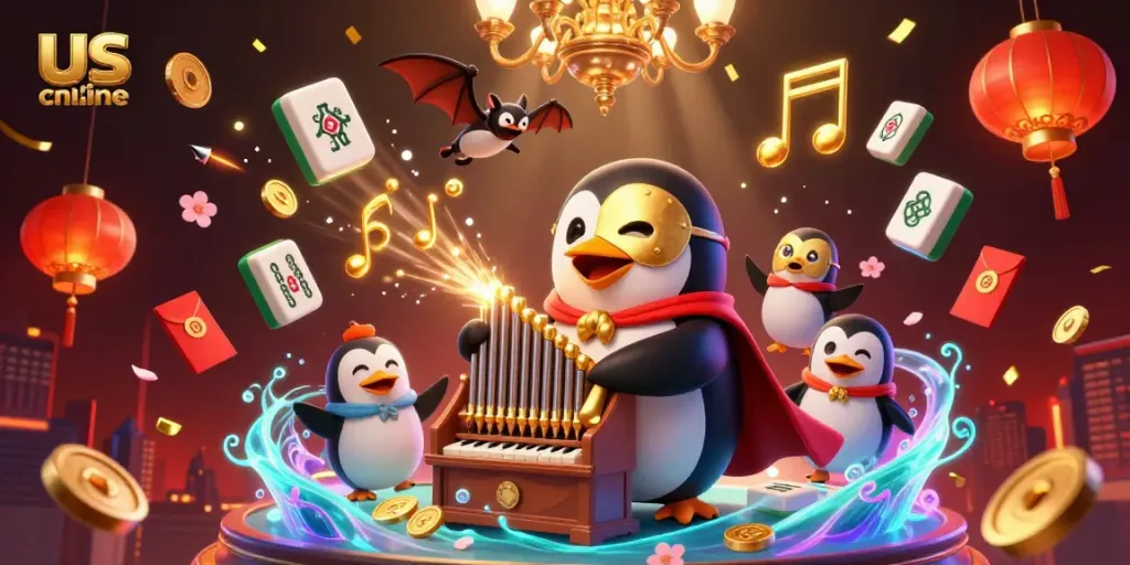 Engage with the vibrant world of us online casino featuring a penguin playing an organ shooting golden coins.