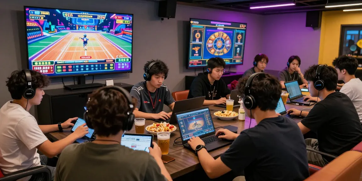 Exciting gaming atmosphere at https://xx88.se.net/ with players interacting and various gaming devices.