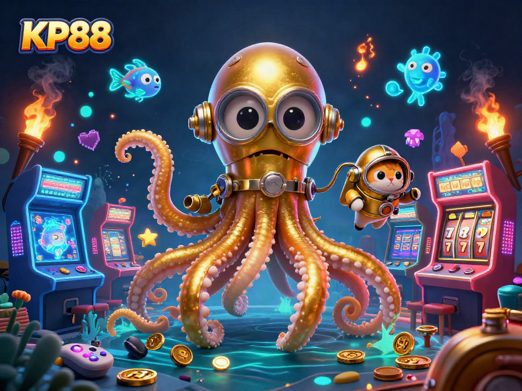 Engage in thrilling gameplay at KP88 with a vibrant scene featuring a diving cat and a colossal kraken.