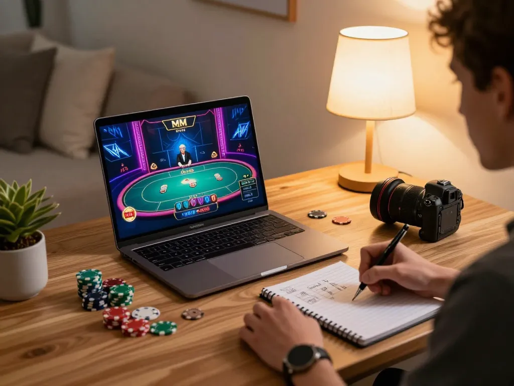 Player enjoying MM 88 with engaged focus on live dealer game at home setup, showcasing strategic atmosphere.