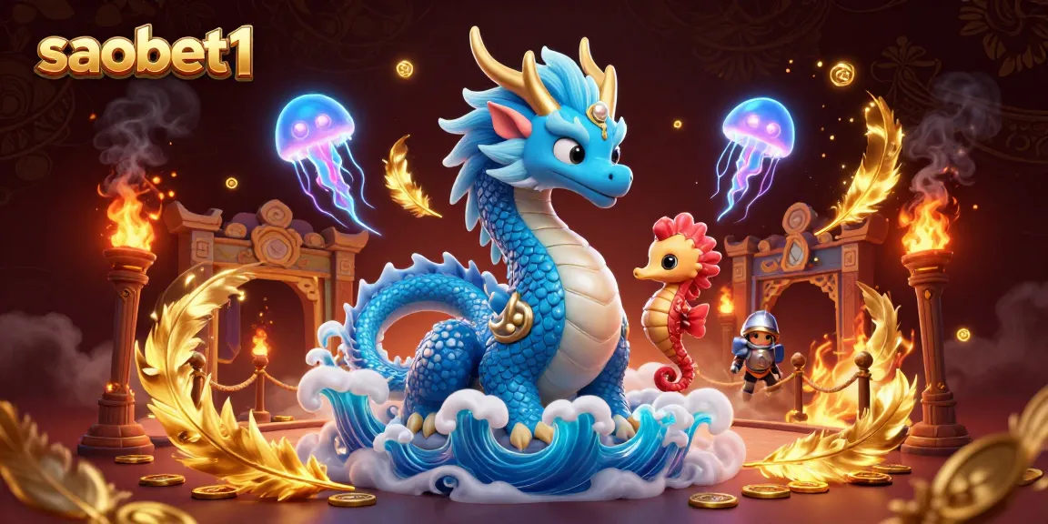 saobet1 elevates gaming with a mystical dragon and seahorse knight amidst vibrant casino elements