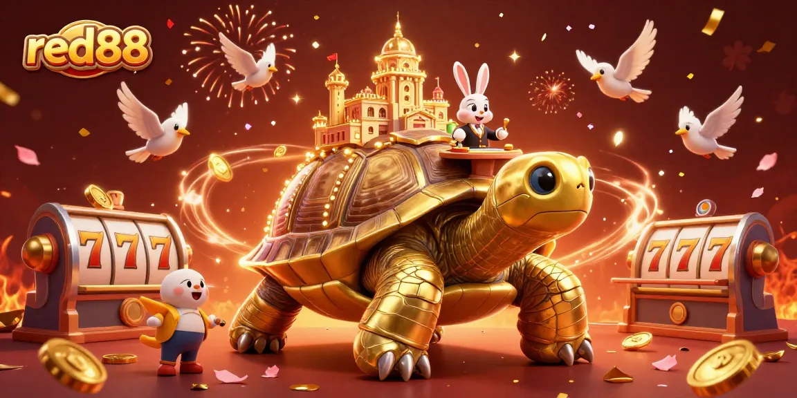 Experience the excitement of red88 with a dynamic illustration of a casino scene featuring a golden tortoise and rabbit dealer.