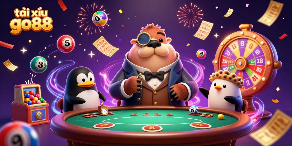 Engage in tài xỉu go88 gameplay with a jolly walrus, sophisticated penguin dealer, and pufferfish player at an underwater poker table.