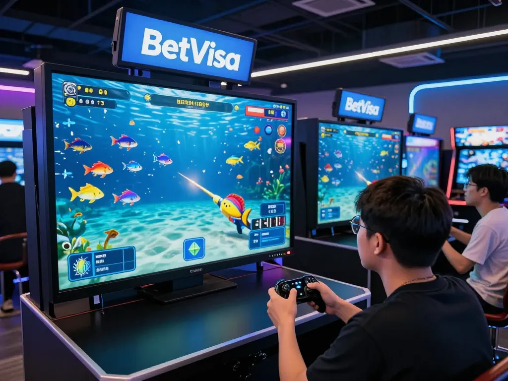 Exciting player engaged in the BetVisa fish shooting game within a vibrant arcade setting