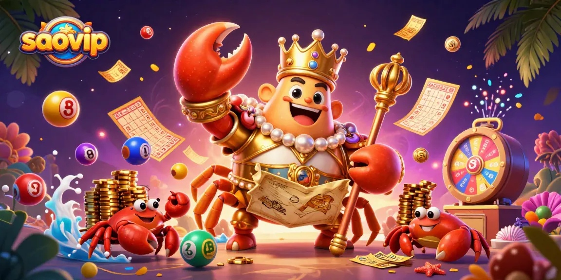 Experience excitement with saovip featuring a golden crab emperor amidst vibrant casino elements and dynamic games.