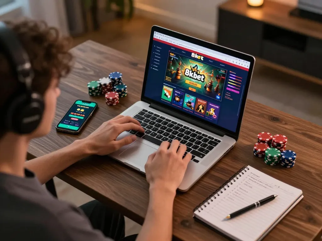 Player exploring 8kbet online casino strategies with laptop and notebook in a stylish home setting