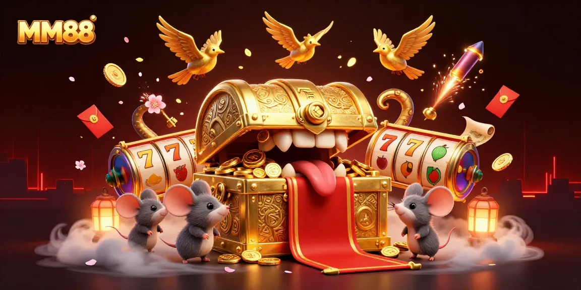 Play and win at MM88 with a vibrant scene featuring a treasure chest and slot machines.