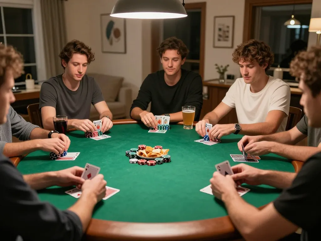 Engaging atmosphere in a home poker night with friends, featuring best online casinos in Canada strategies.