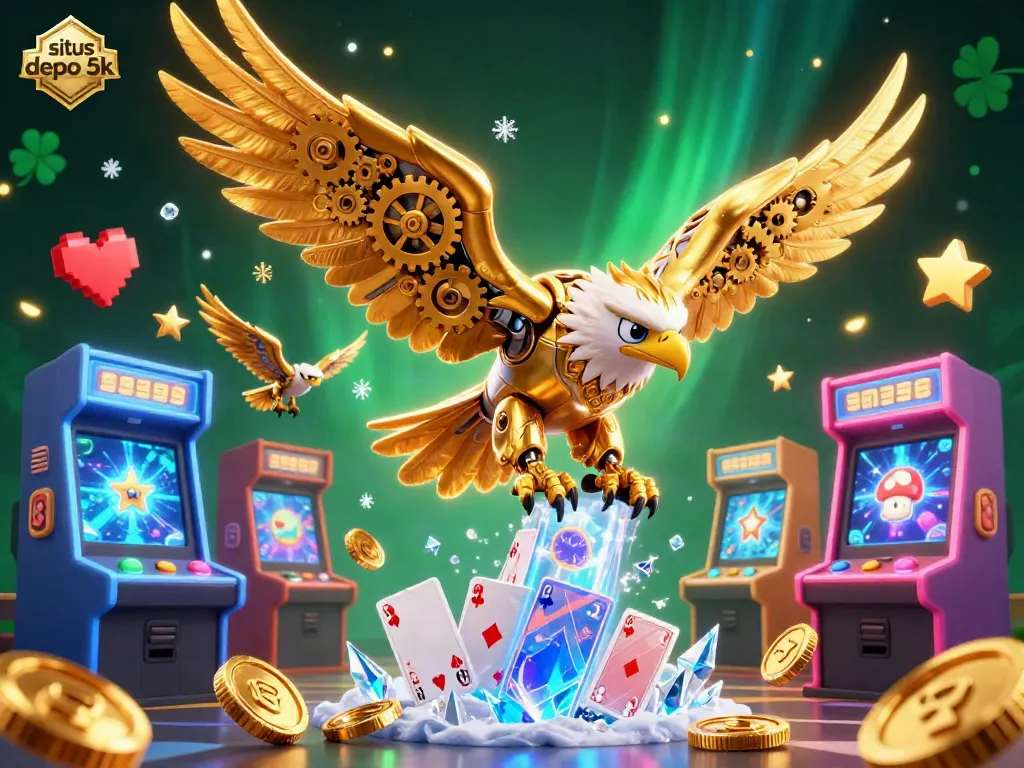 Experience exhilarating wins at situs depo 5k with a vibrant 3D gaming scene featuring an eagle amid colorful casino elements.