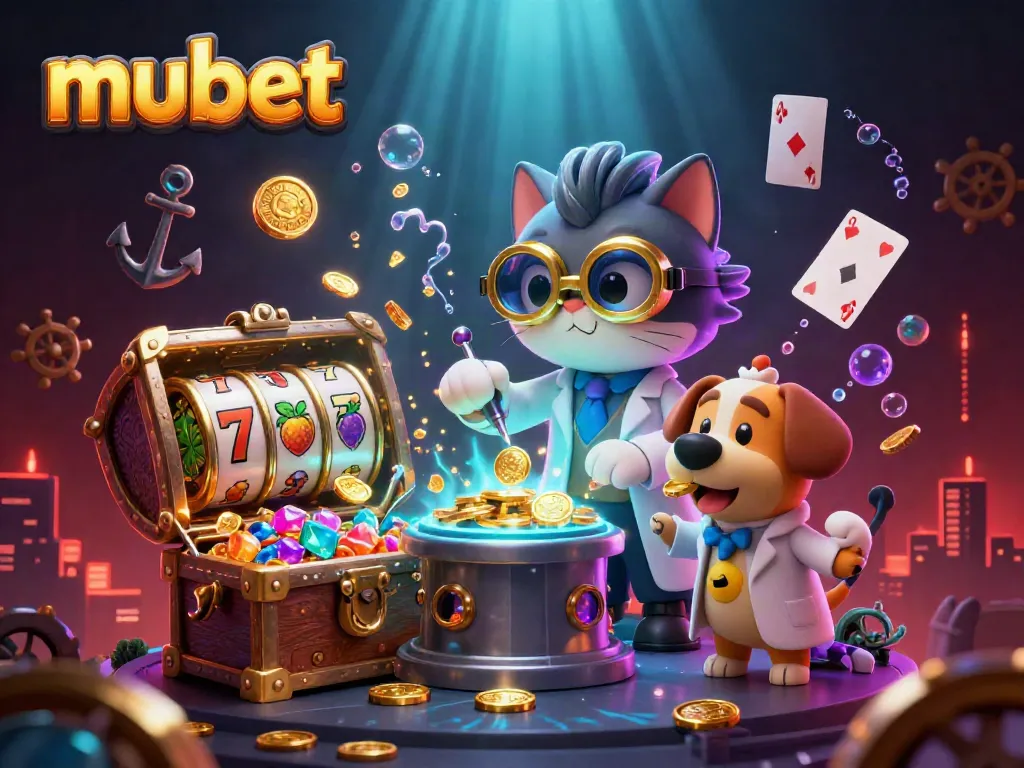 Experience the thrill of mubet as a mad scientist cat creates gold in this vibrant casino scene.