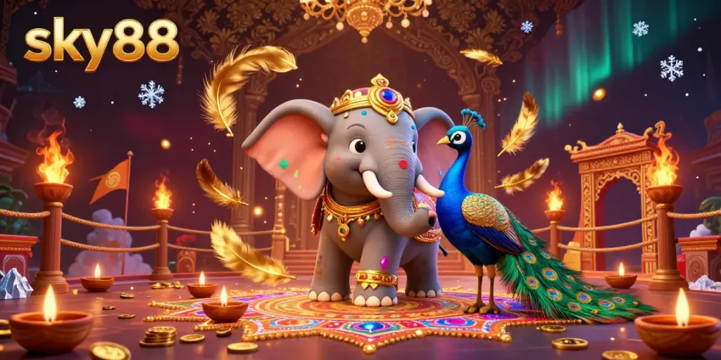 Win big at sky88 casino with vibrant 3D illustrations of games, symbols, and golden decorations.