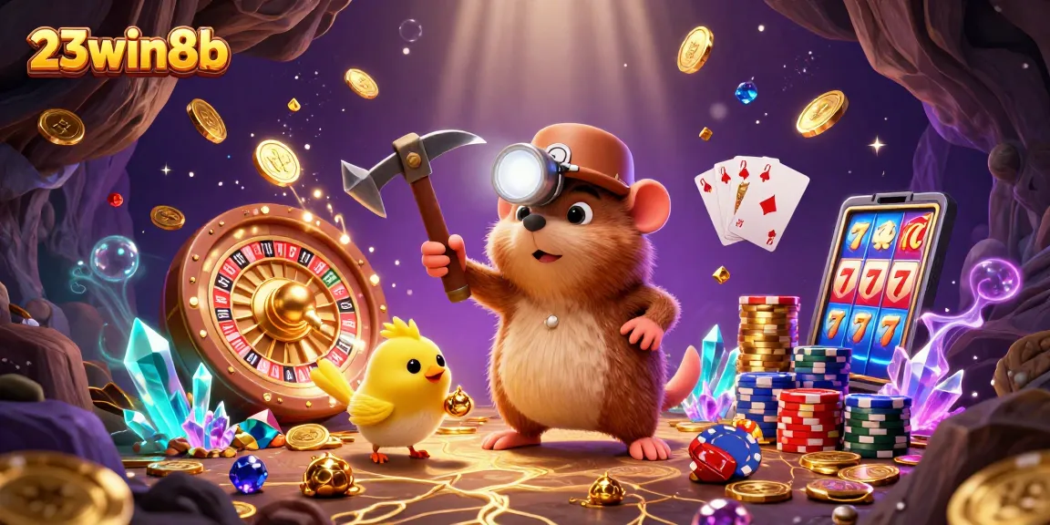Unveil the excitement of 23win8b as a treasure hunter mole collects glowing gems amidst flying coins and casino elements.