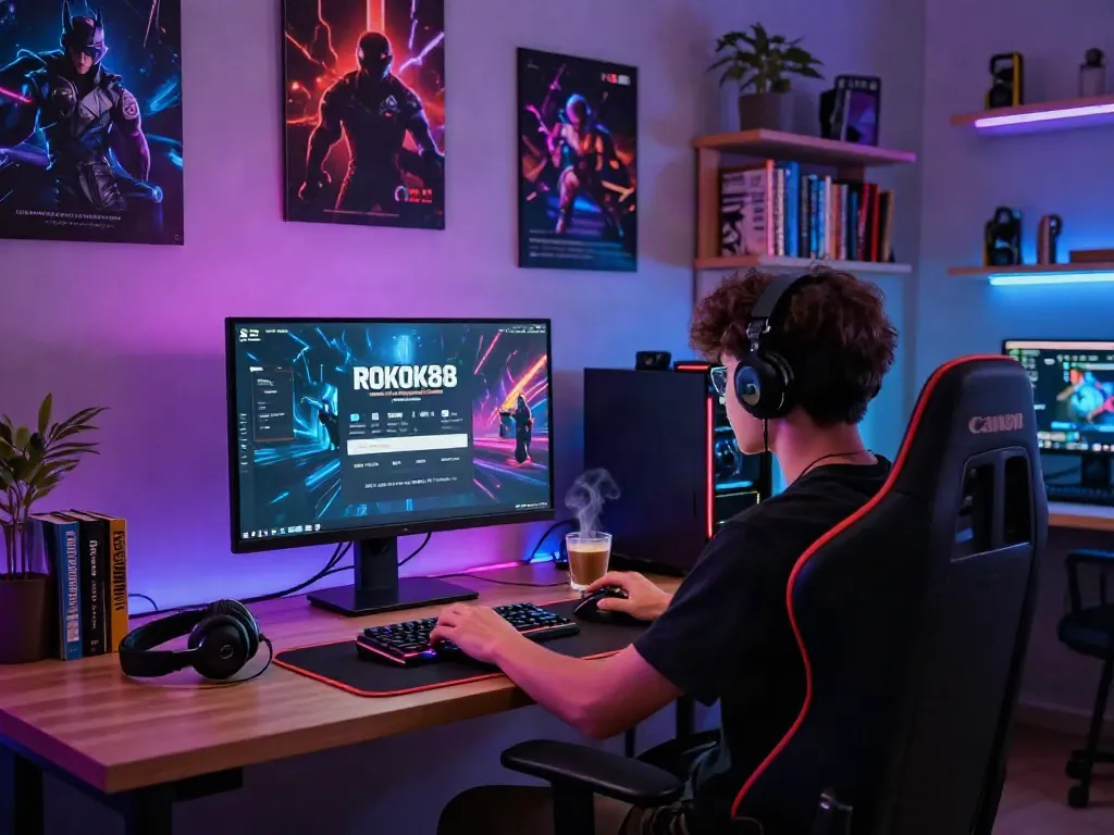 Enjoying the ROKOK88 login process in a vibrant gaming office with modern decor, accessories, and a focused gamer.