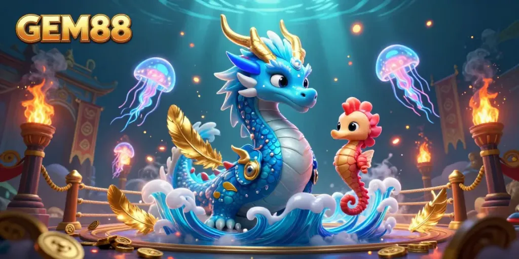 Experience excitement at GEM88 with a dragon, seahorse knight, and jellyfish amidst vibrant gaming elements.