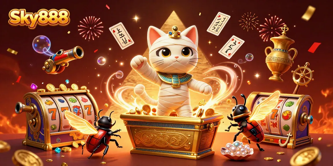 Engage with Sky888's exciting slots through a vibrant scene of a mummy cat in a pyramid casino.