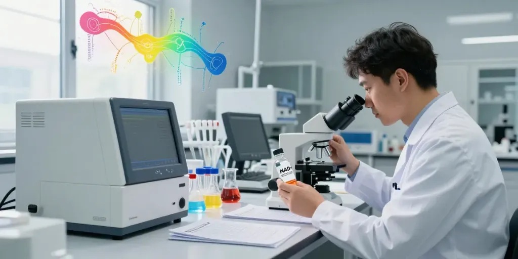 Researcher analyzing NAD+ peptide in a bright laboratory with scientific equipment.
