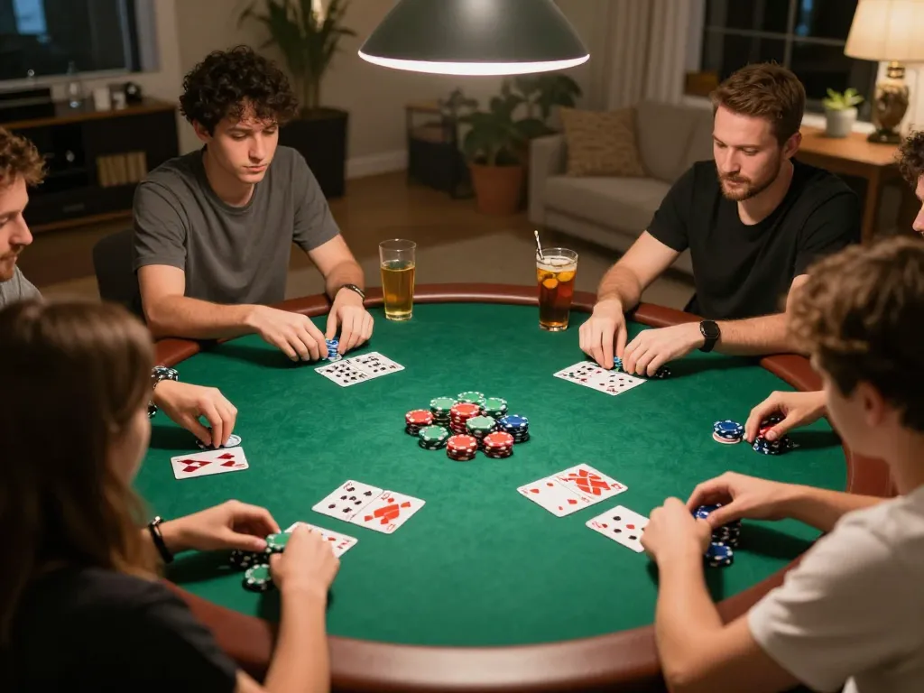 Players enjoying a poker night showcasing strategies on badak178 at a home gaming table.