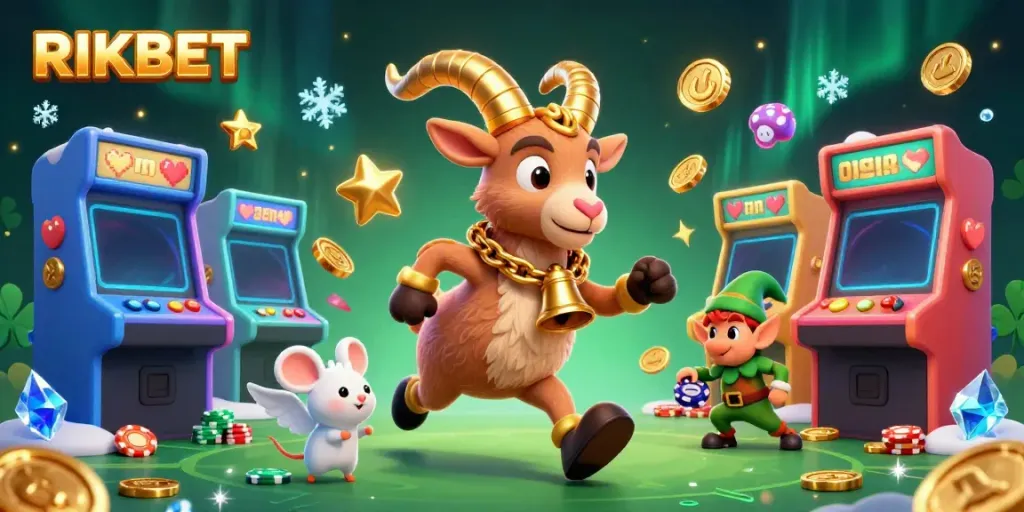Experience thrilling adventures at RIKBET with whimsical characters in an electrifying casino scene.