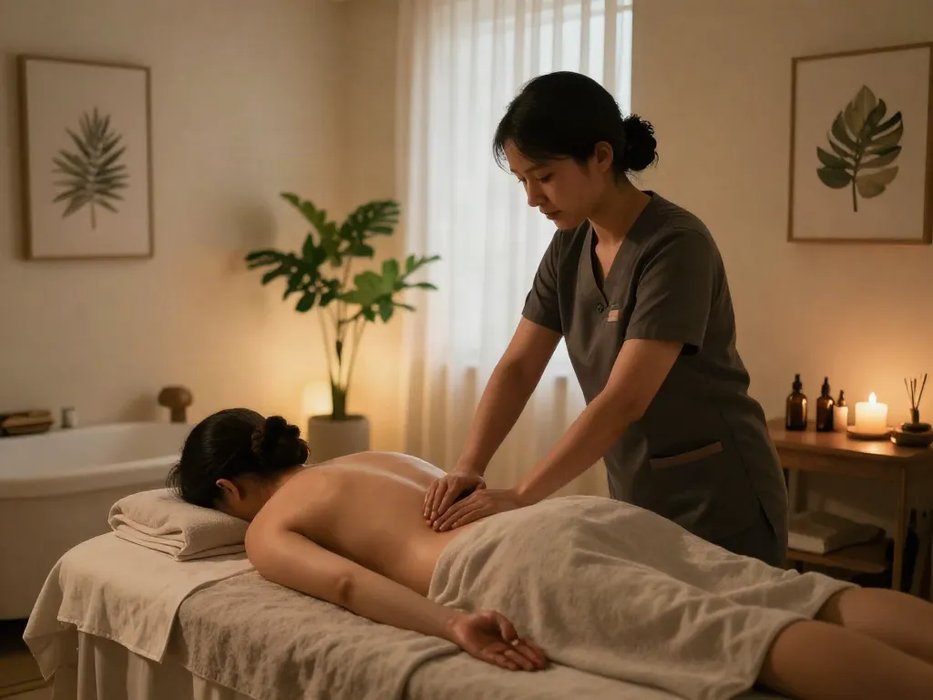 Relaxing 종로출장안마 in a massage therapy studio with calming decor and soft lighting.