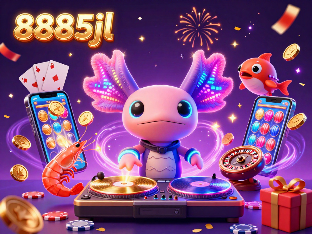 Experience the excitement of 8885jl with neon characters and dynamic casino elements in this vibrant 3D scene.