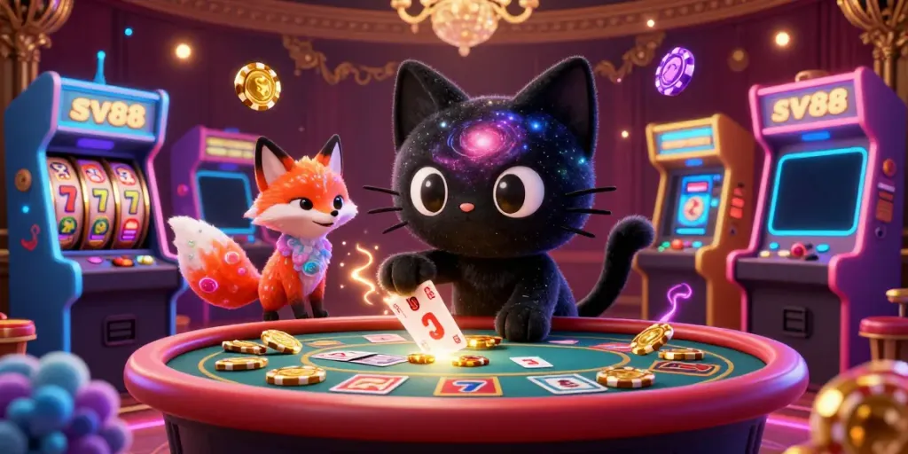 Experience the cosmic casino environment of sv88 as vibrant characters attract golden chips and cards.