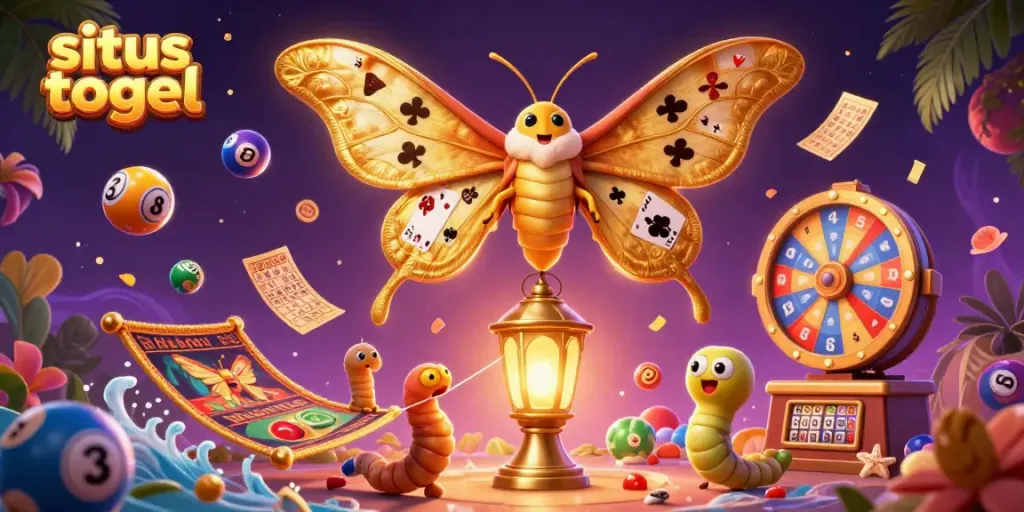 Engage in situs togel with a colorful scene featuring lotto elements and a majestic moth among casino treasures.