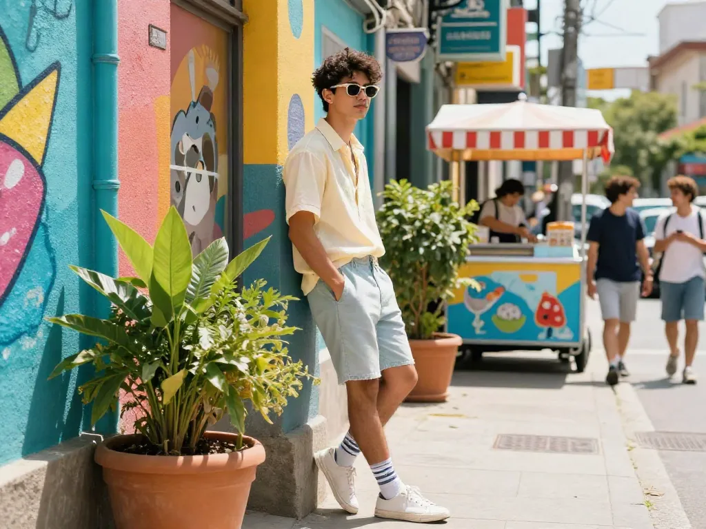 Fashionable young adult wearing óculos de sol against a colorful street backdrop.