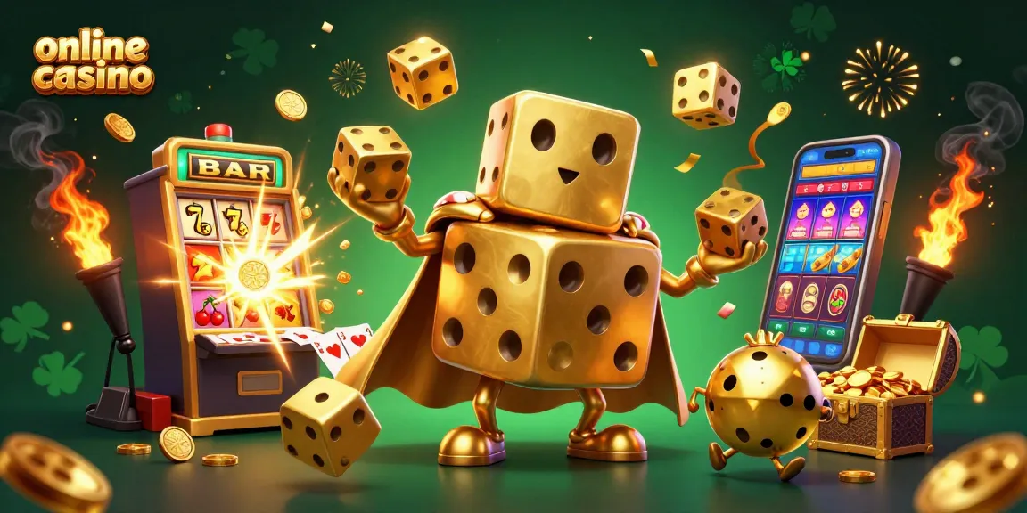 Experience the excitement of an online casino with our dynamic golden dice golem and slot machine scene.